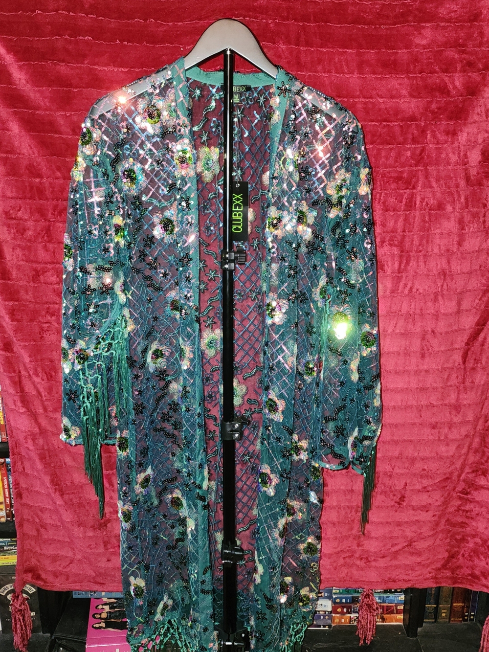 Cubexx Teal Embroidered Sheer Fringe Jacket Coat